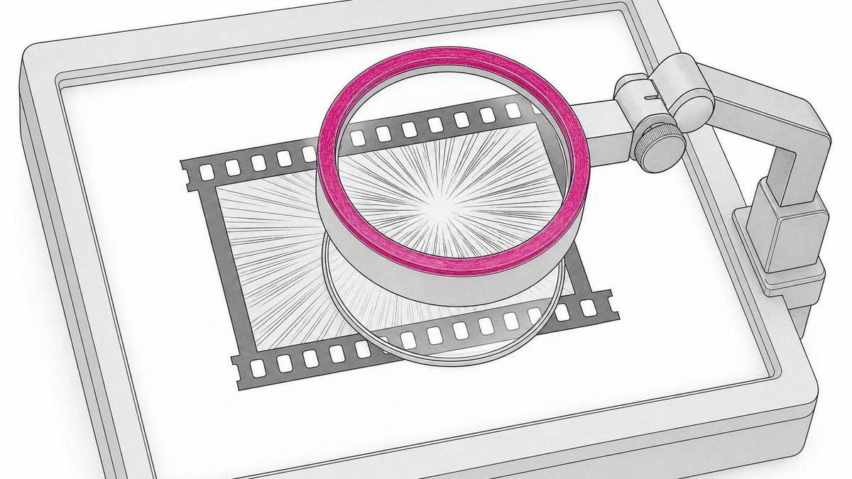 Line drawing of a film strip on a light table under a magnifying loupe with a magenta rim