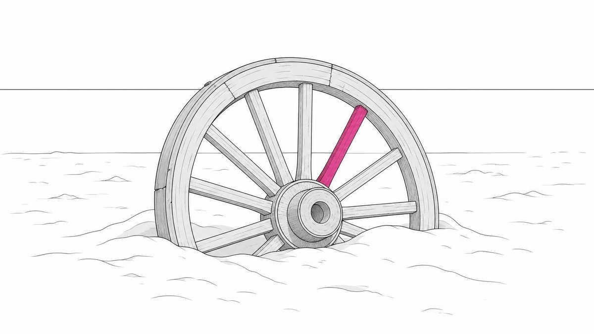 Line drawing of a wagon wheel half sunk in snow, one spoke drawn in magenta