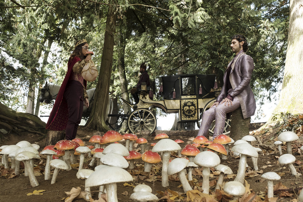 margo undergoing a trial with eliot in a field of mushrooms