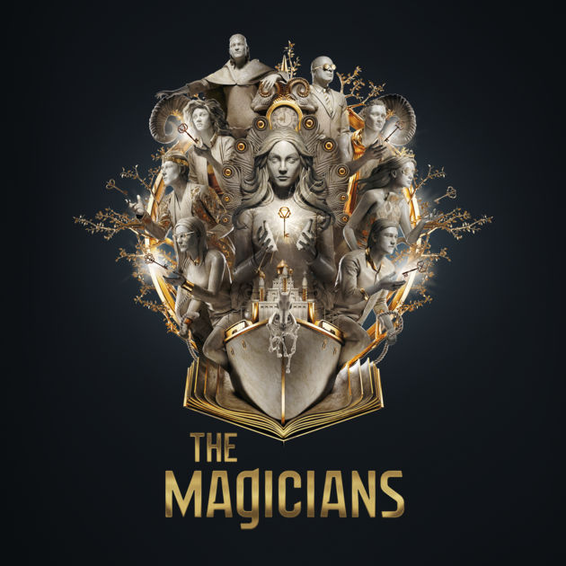 A silver and gold banner of a ship and people emerging from a book with several keys for magicians promotional art