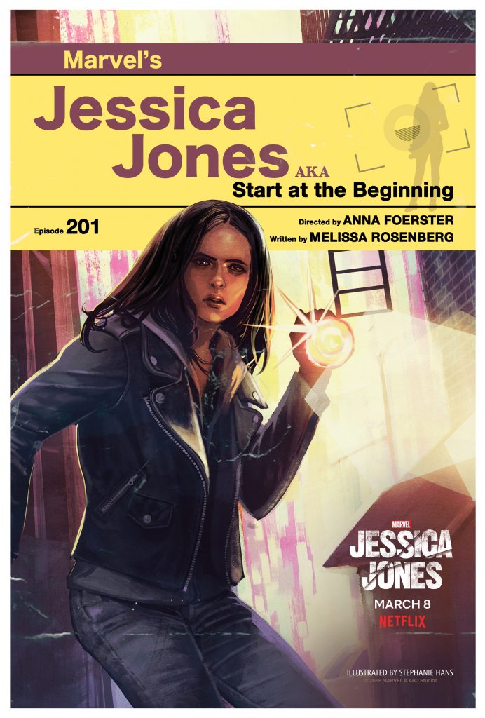 jessica jones with a flashlight in hand in a season 2 poster styled like an old pulp mystery novel