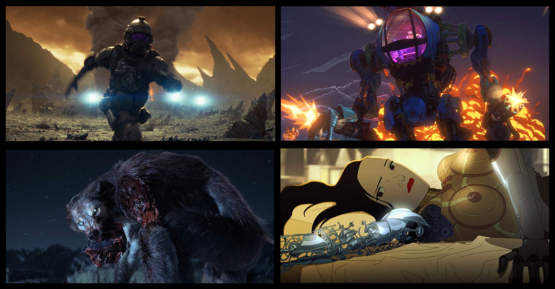 A space ranger flees, a pilot in a mech fires guns from its arms, a werewolf devours flesh, a female android is disassembled.