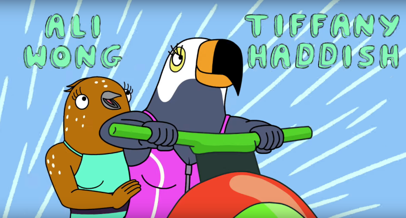 Bertie and Tuca riding a Jet ski, names in captions next to them.