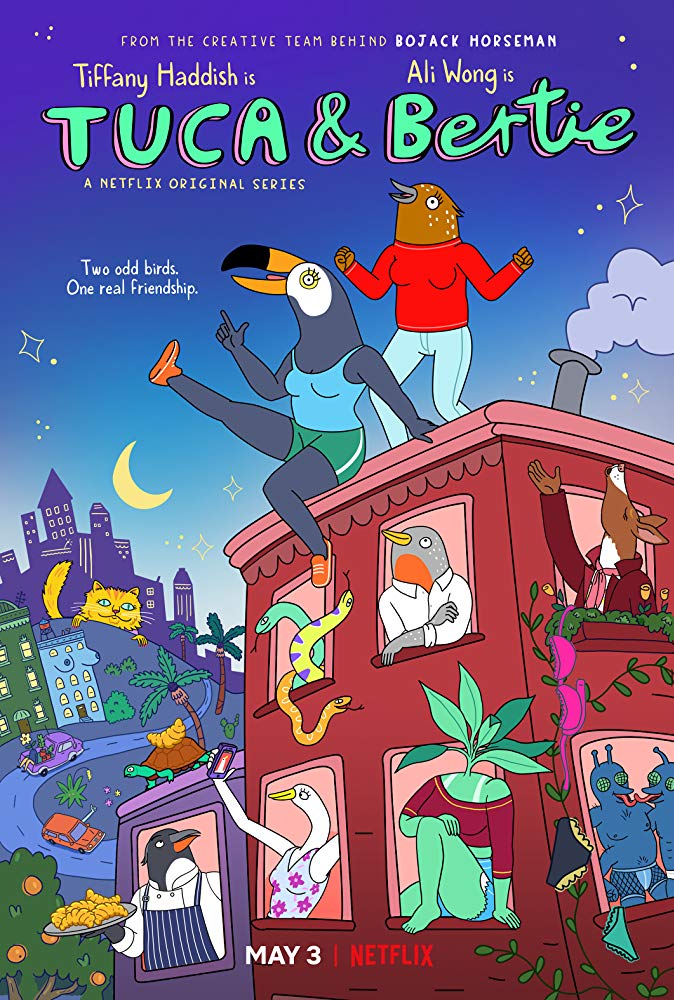Tuca and Bertie on top of their apartment, movie poster style