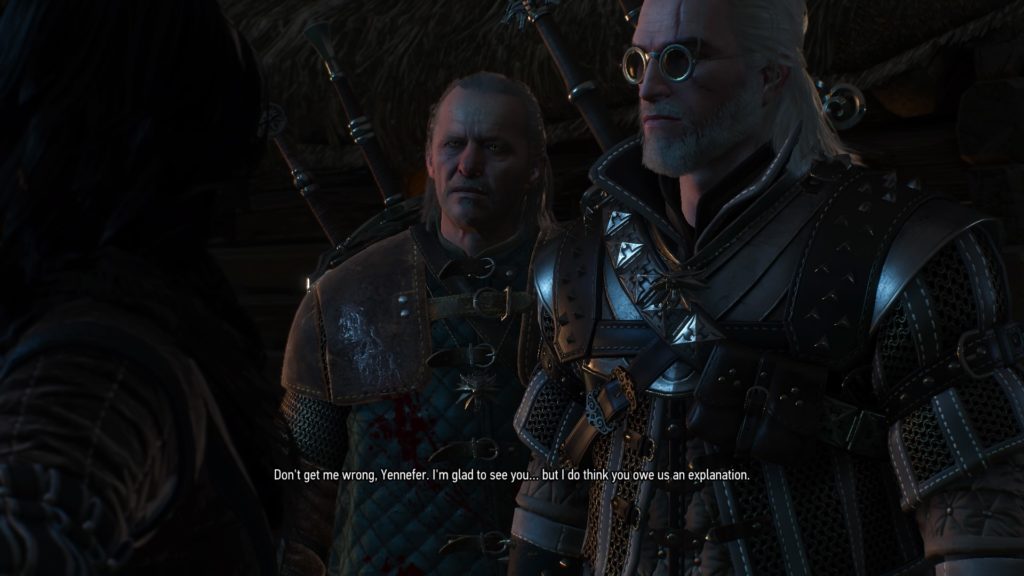 Geralt, in School of the Wolf Grandmaster Armor dyed White, and Vesemir address Yennefer for the first time.