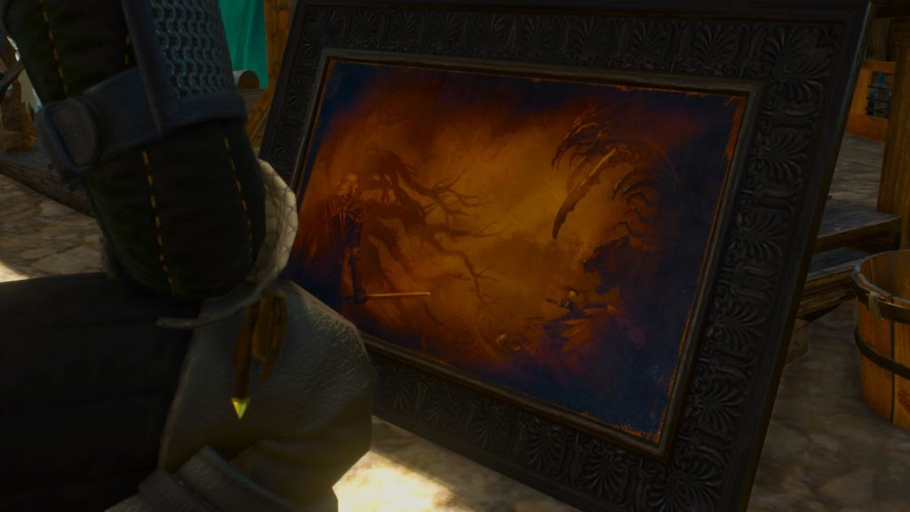 A portrait of Geralt fighting Centipedes in the Blood and Wine DLC. You can bring decorations like these into New Game +