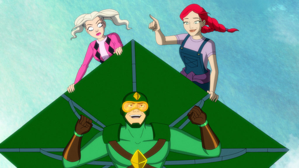 Harley, Ivy, and Kiteman fly above Riddle U