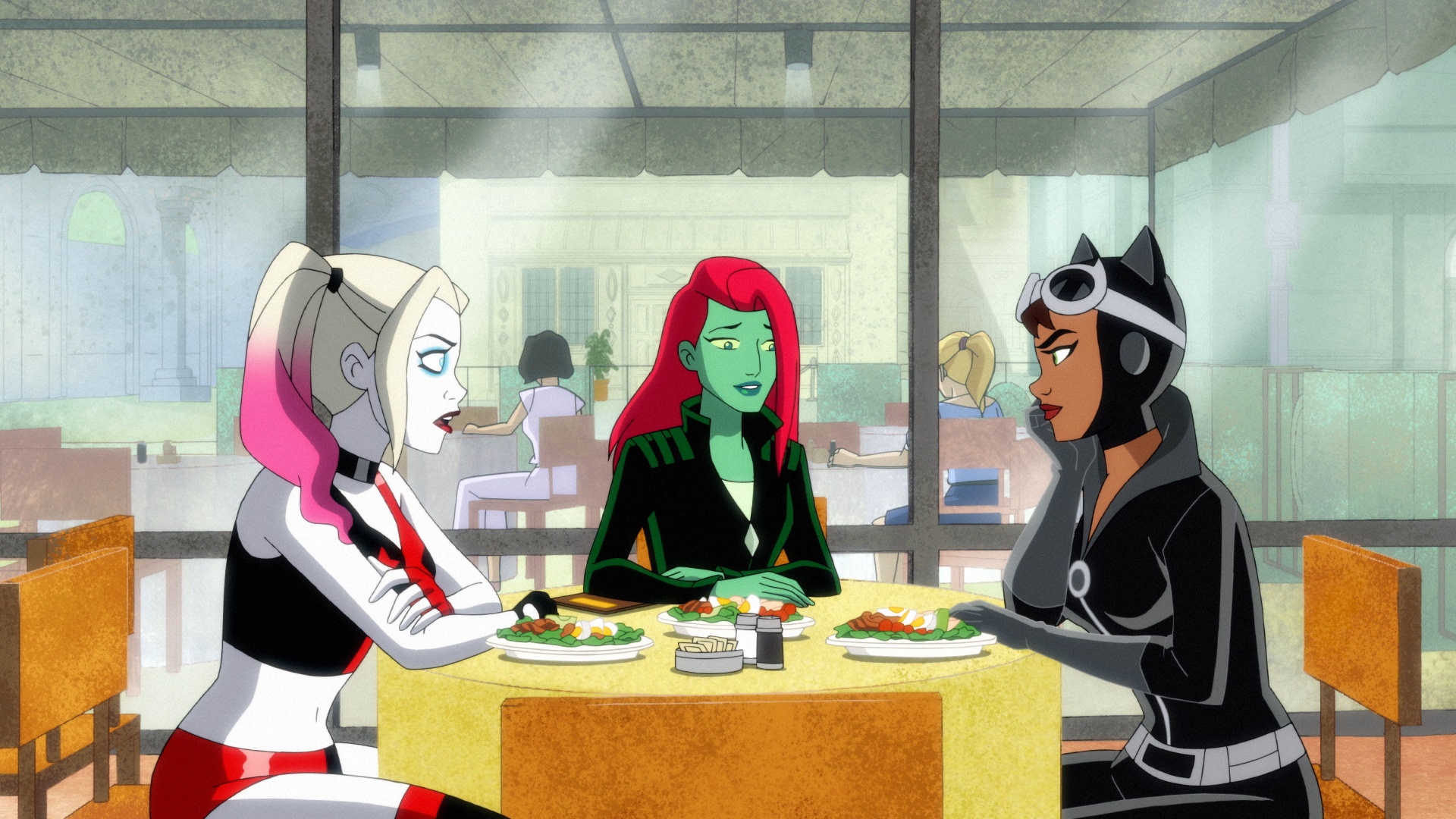 Harley, Ivy, and Catwoman discuss business