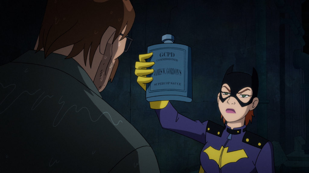 Batgirl holds Jim Gordon's empty flask to his face. 