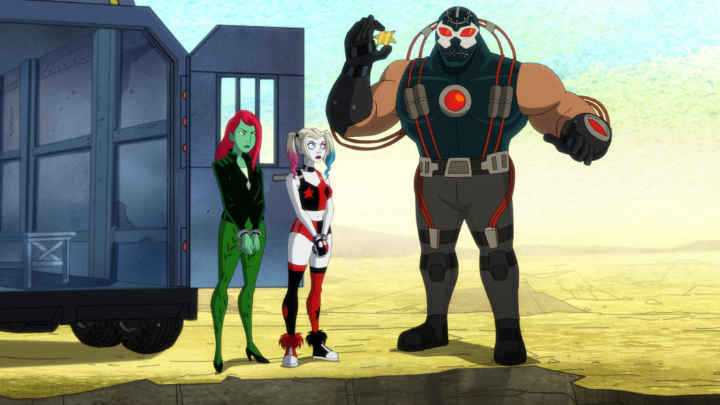 Warden Bane greets his new prisoners Harley and Ivy.