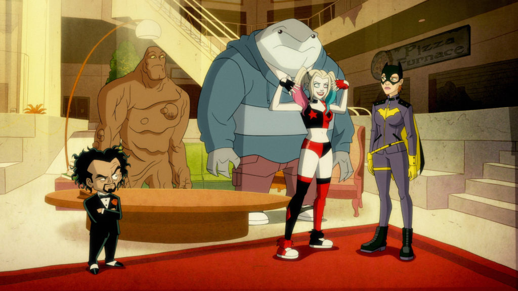 Harley Quinn talks with Batgirl while King Shark, Clayface, and Doctor Pyscho look on.