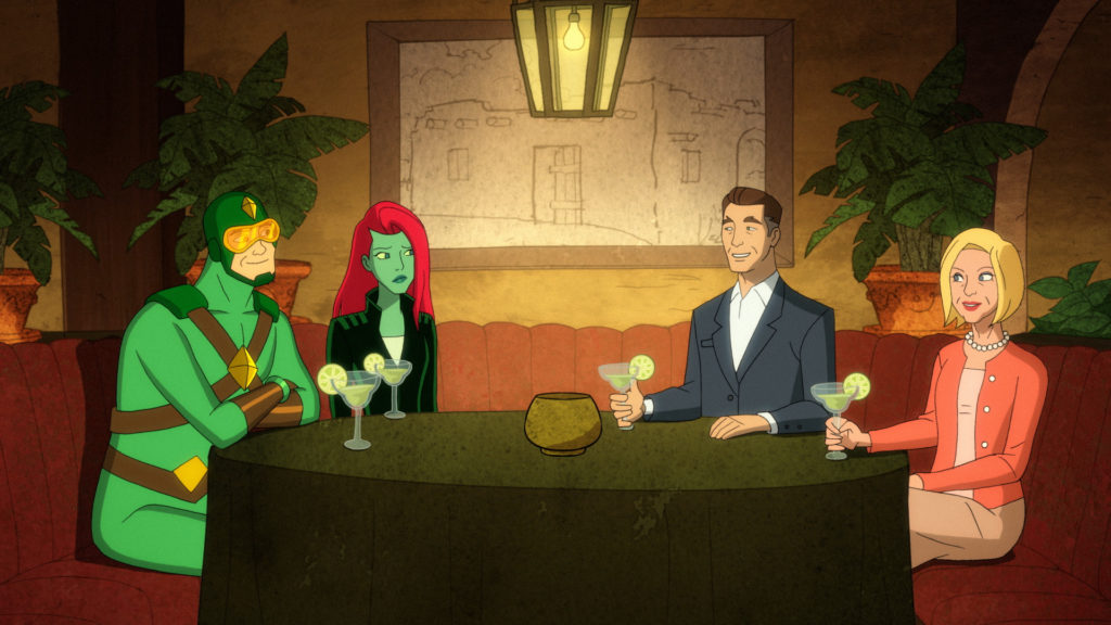 Poison Ivy and Kite Man sit with his parents at a Mexican restaurant.