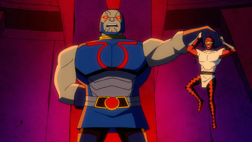 Darkseid holds a vanquished foe by his skull. 