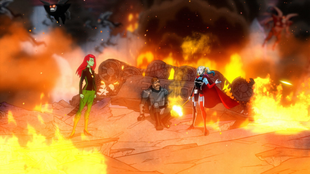 Harley Quinn, Poison Ivy, and Jim Gordon surrounded by flames.