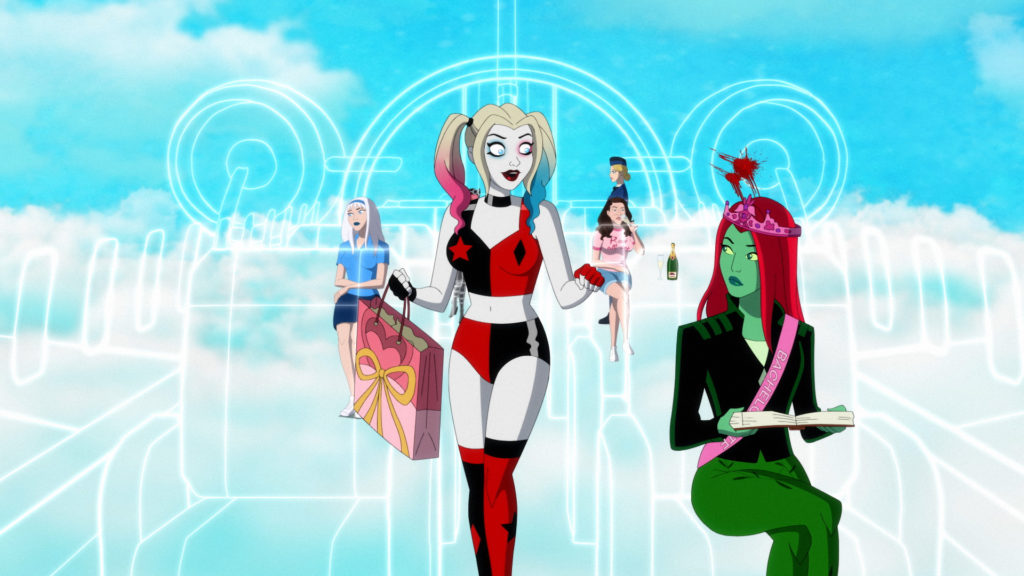 Harley Quinn walks back to her seat next to Poison Ivy on an invisible airplane. Behind them is Norma Fries, Jennifer (Ivy's childhood friend), and a flight attendant.