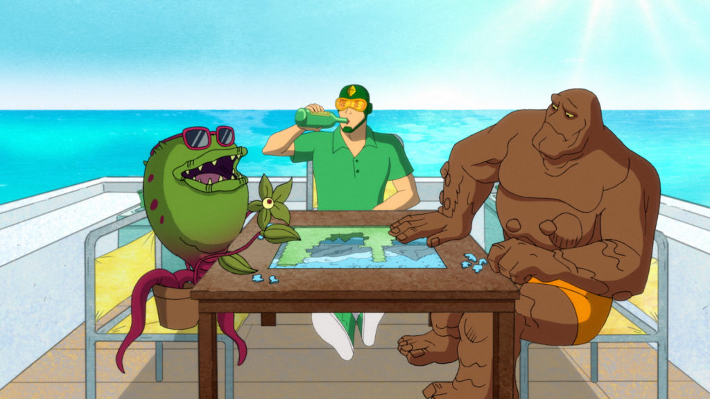 Kite Man is having his bachelor party on a boat. He, Clayface, and Frank the Plant are in casual clothing working on a jigsaw puzzle.