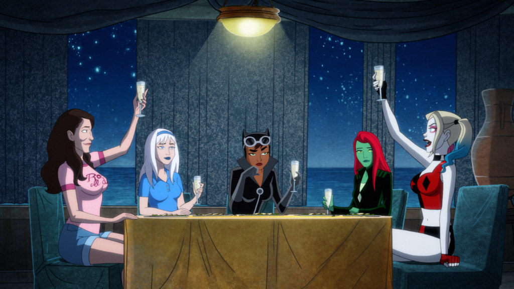 The bachelorette party cheers each other. From left to right: Jennifer (Ivy's childhood friend), Norma Fries, Catwoman, Poison Ivy, and Harley Quinn.