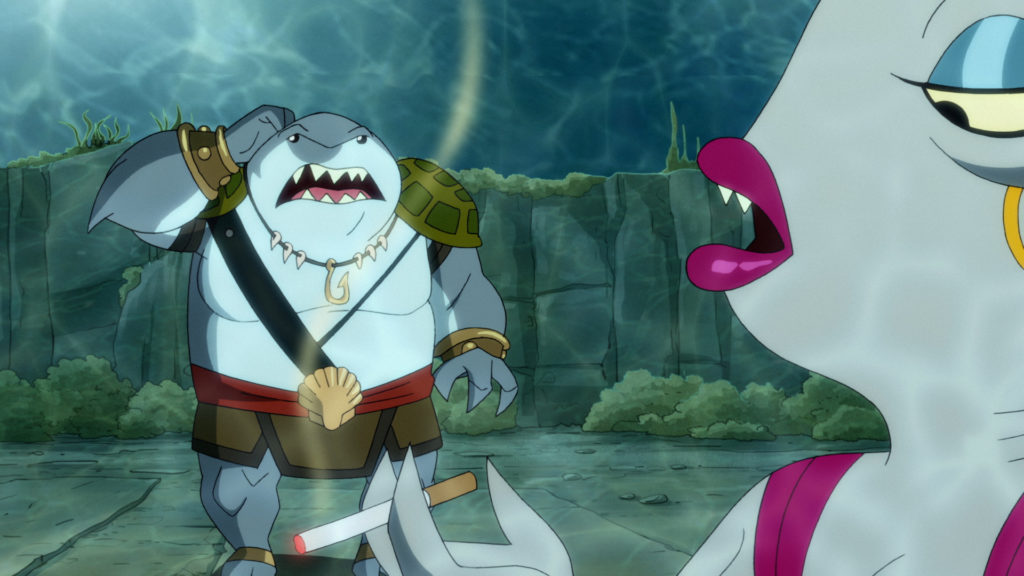 King Shark, in warrior prince gear, meets his betrothed, Tabitha.