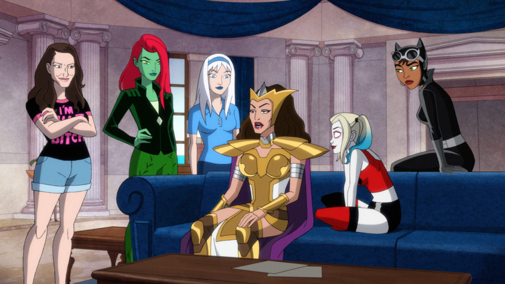 The bachelorette ladies standing around Queen Hippolyta, now free from mind control.