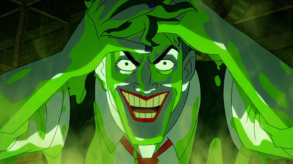 Joker smiling and laughing, covered in acid.