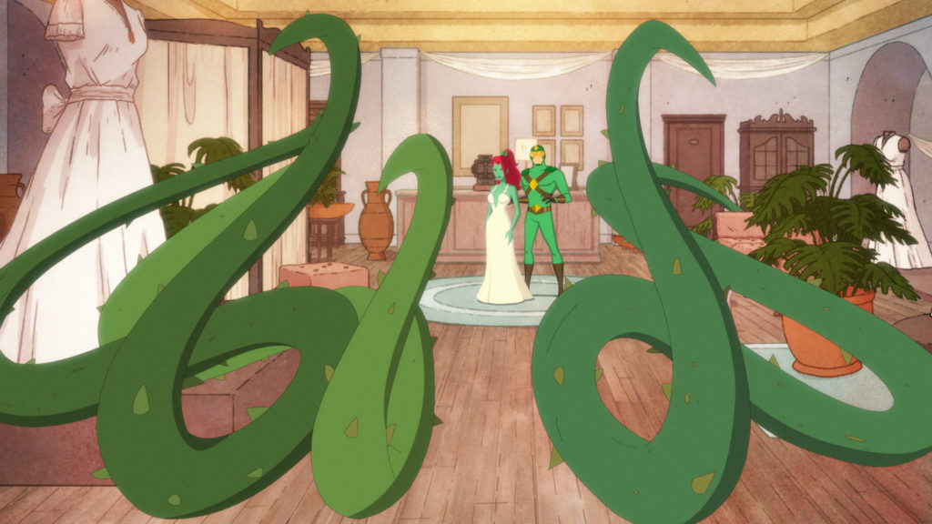 Poison Ivy, in a wedding dress, fighting with two vines.