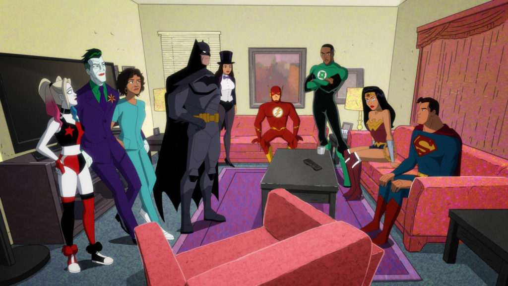 Left to right: Harley, Joker,Bethany, Batman, Zatanna, the Flash, John Stewart Green Lantern, Wonder Woman, and Superman.