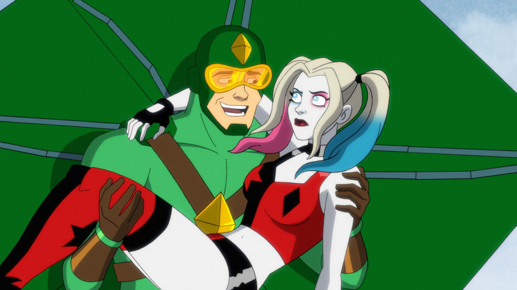 Kite Man carrying Harley Quinn.