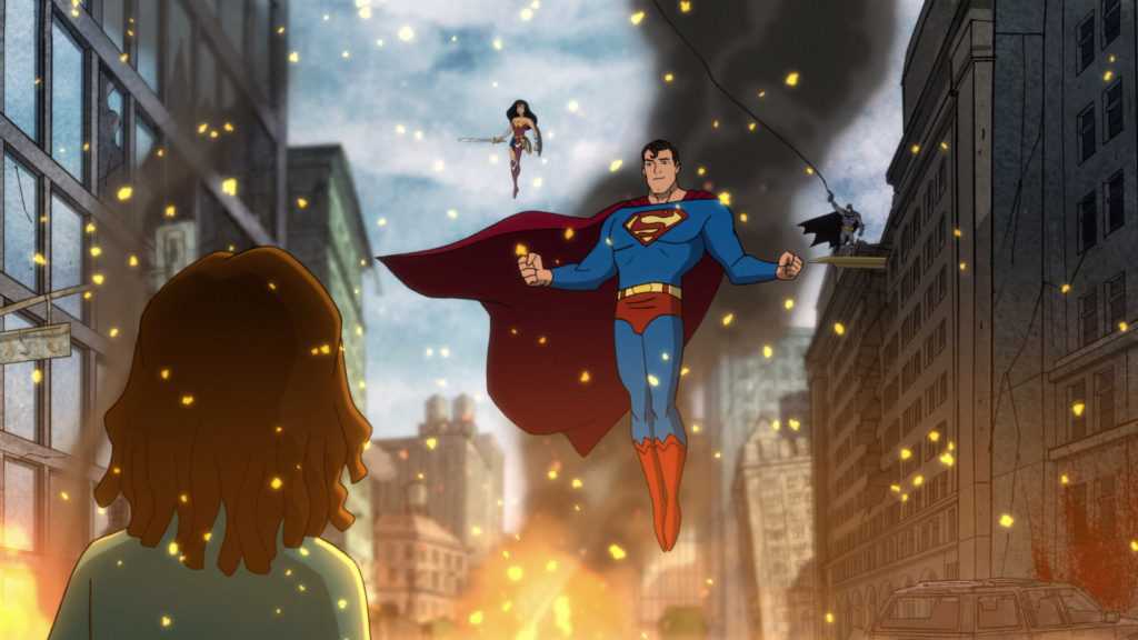 Superman, Wonder Woman, and Batman descend on a civilian.