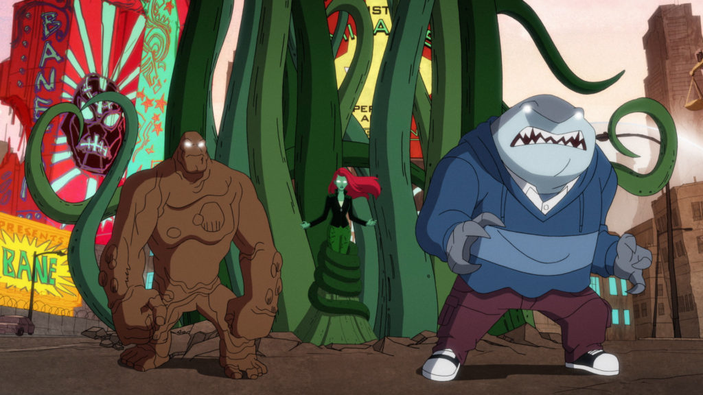 Left to Right (All Mind Controlled): Clayface, Poison Ivy, and King Shark