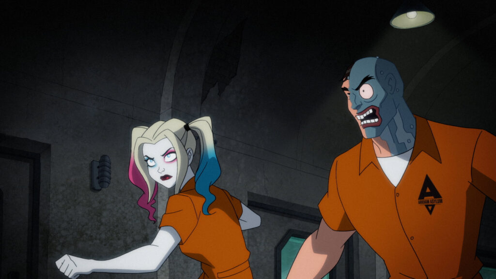 Left to Right (in Arkham clothing): Harley Quinn and Two Face