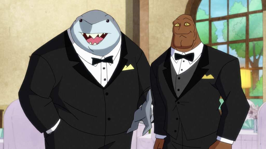 Left to Right (in tuxedos): King Shark and Clayface