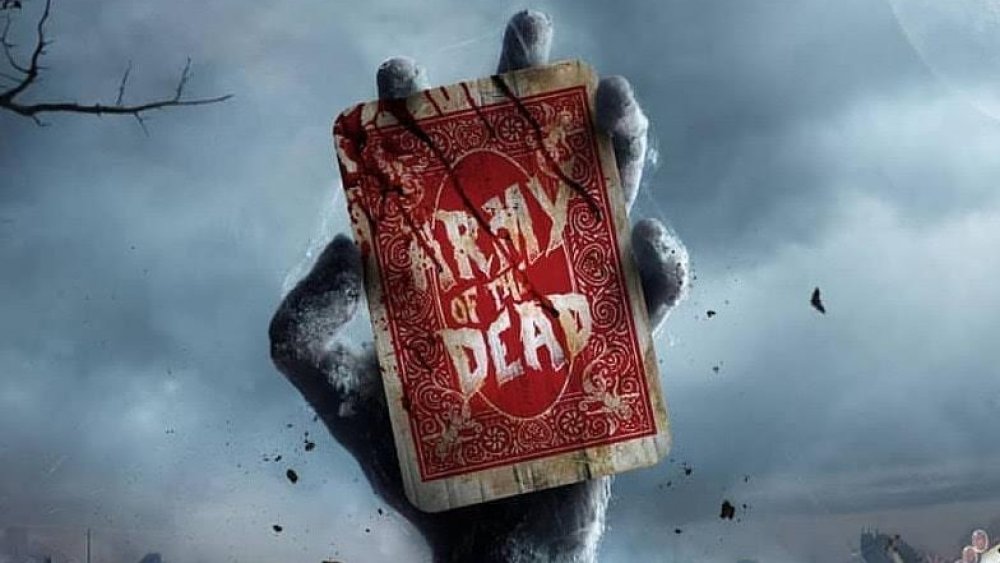 A zombie hand holds a bloody playing card with the words "Army of the Dead" written on the back.