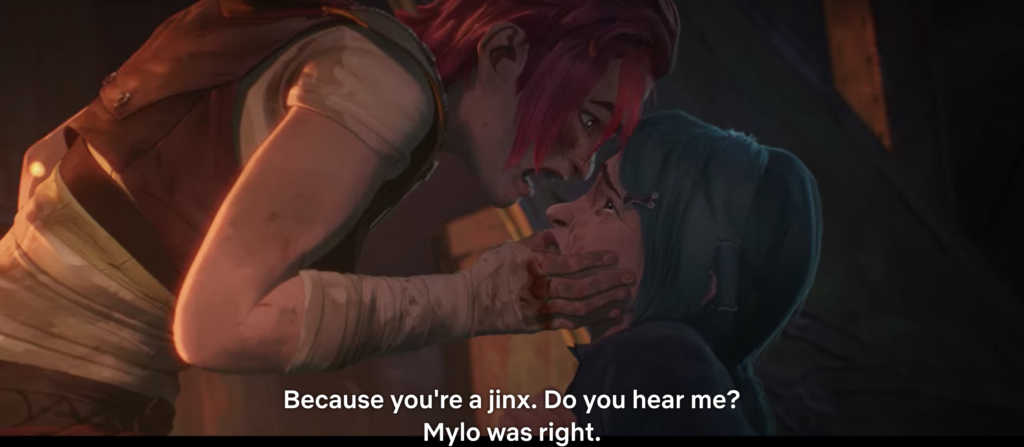 Vi yelling at Powder, calling her a jinx