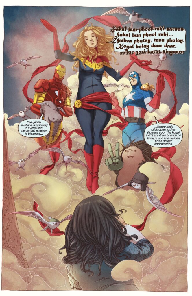 Kamala sees her heroes Iron Man, Captain Marvel, and Captain America speaking Urdu