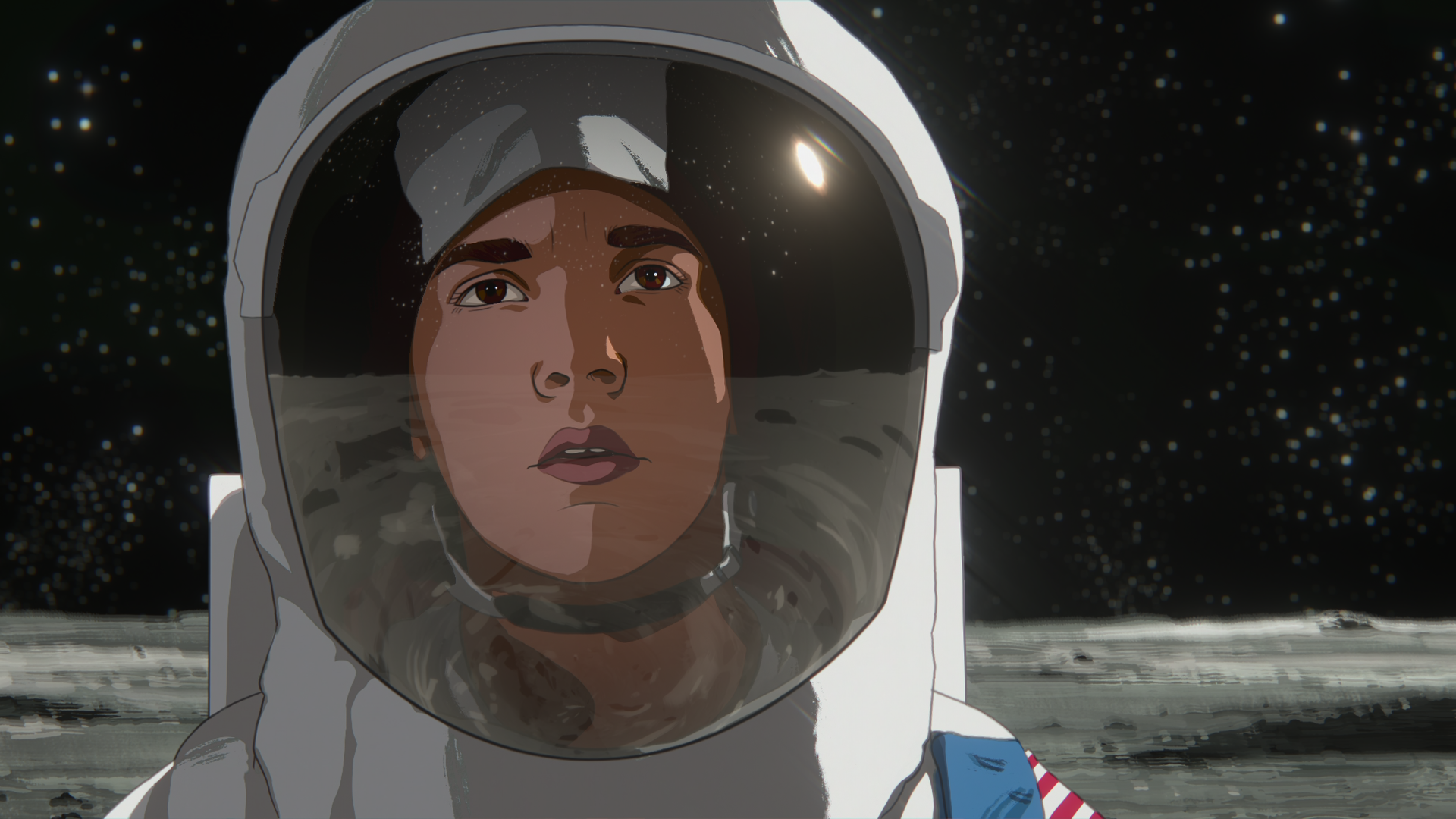 an astronaut on the moon looking into space, rendered in Linklater's distinct colored cells aesthetic 