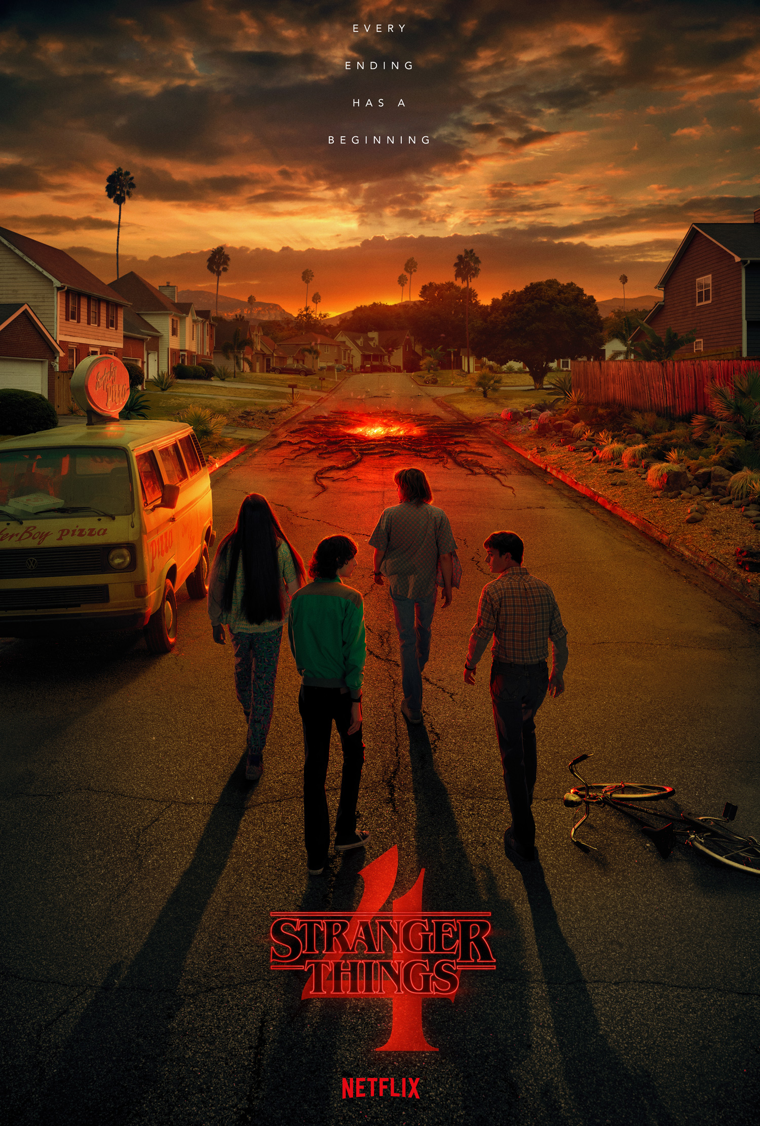 stranger things promotional poster group walking the road into a pit beast