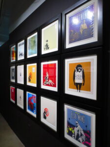 Wall of Banksy’s Album art on record sleeves