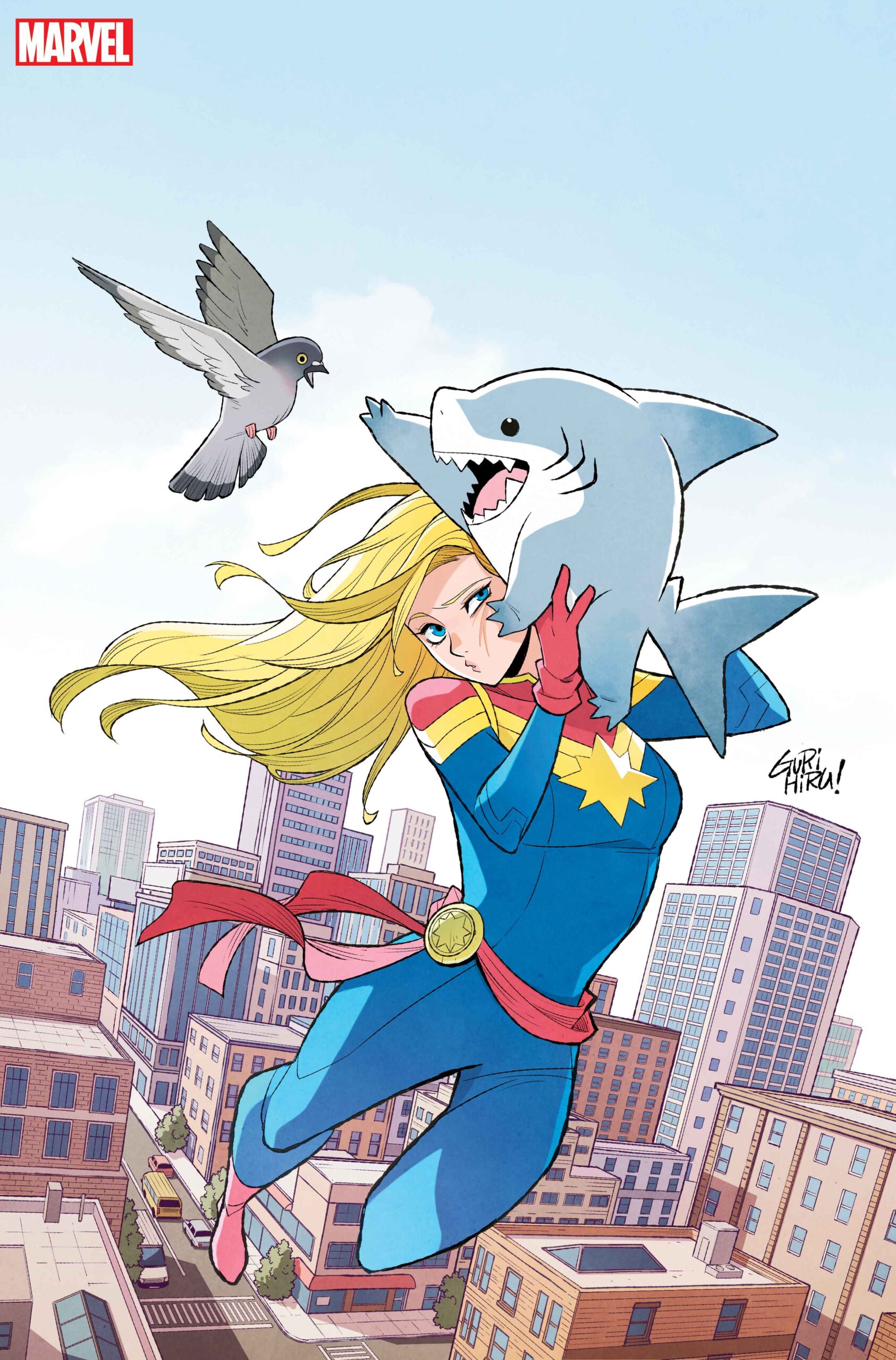 Captain Marvel holding Jeff The Shark