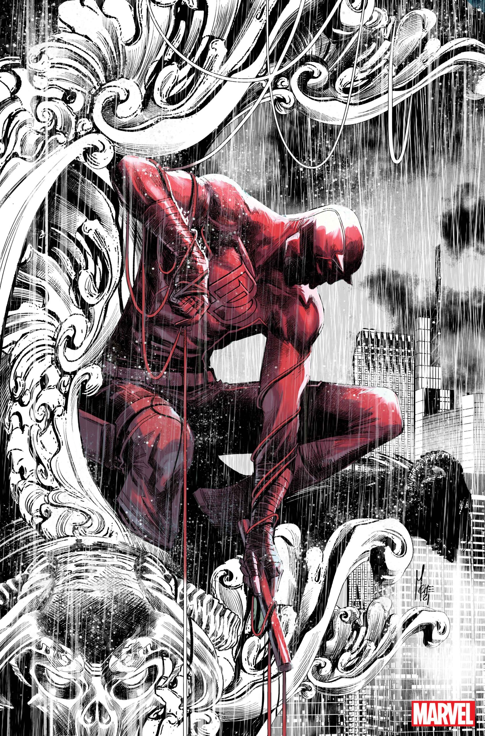 Daredevil in red against a white sketched backdrop variant available at San Diego Comic Con 2022. Drawn by Marco Checchetto and Matthew Wilson!