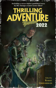 Rough cover of Thrilling Adventure Yarns 2022 featuring two women: one tied up and one wielding magic.