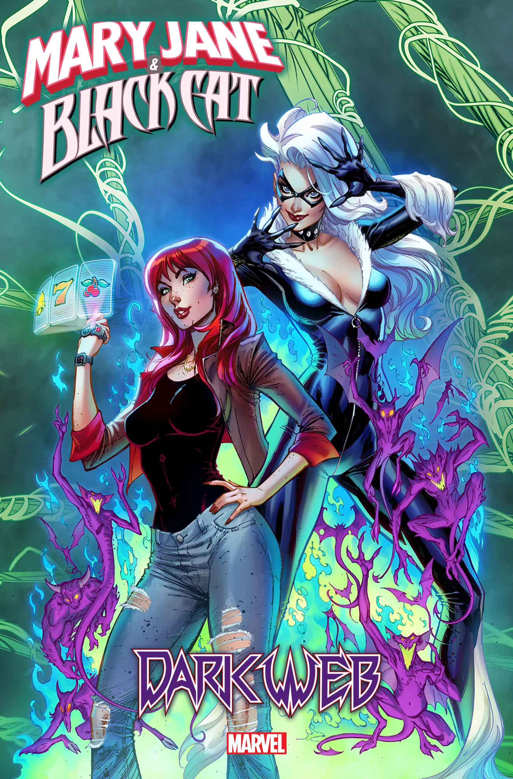 Mary Jane and Black Cat cover with a green backdrop. The women standing in strong striking poses, MJ to the left, Cat to the right.
