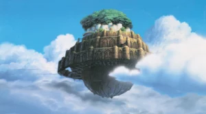 a floating castle amid heavy white clouds
