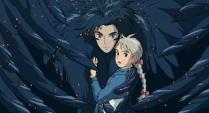 a man-bird hybrid with giant black wings embracing a girl with a white braid