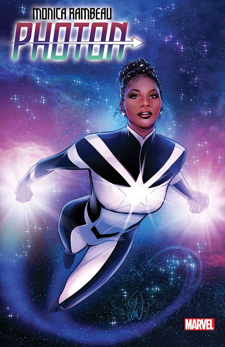 Comic Book art of Monica Rambeau as Photon in hues of pink and blue.