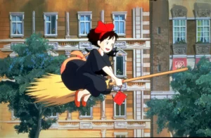 a girl with a red bow riding a broomstick through a city