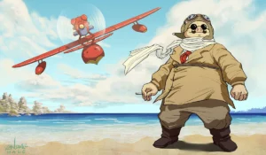 An anthropomorphic pig in aviator gear in front of a flying red airplane