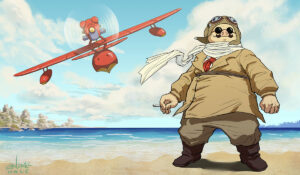 An anthropomorphic pig in aviator gear in front of a flying red airplane