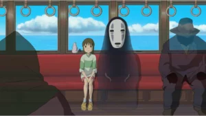 a girl sitting on a train next to a large translucent spirit with a white mask