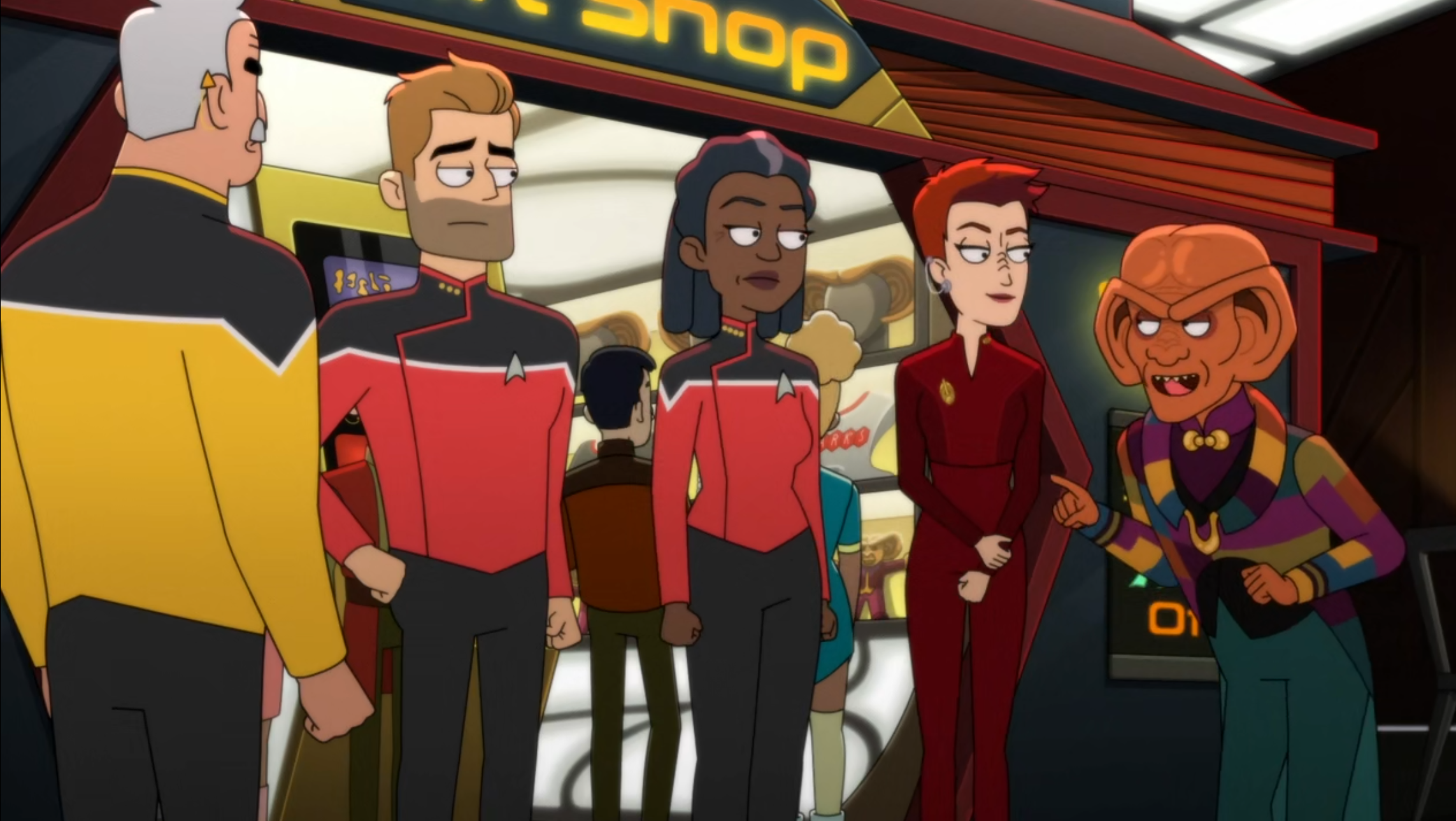 Quark greets Kira, Freeman, Ransom, and Shaxs at his bar