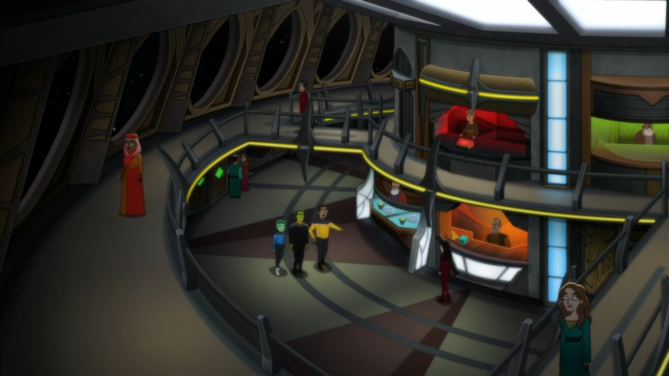 Wide view of the Deep Space Nine promenade with Tendi, Mesk, and Rutherford on the lower level
